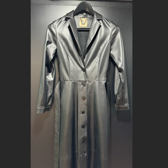 Julia Allert Long button-up Trench/ Raincoat Eco-Leather Black - Picture 3 of 9